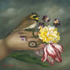 Hand with Lover's Eye, Horned Lark, and Spring Flowers