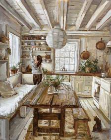 Kitchen Interior with a Woman and Cat