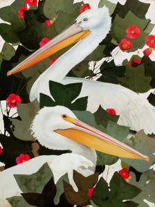 Pelicans in Japanese Camellia