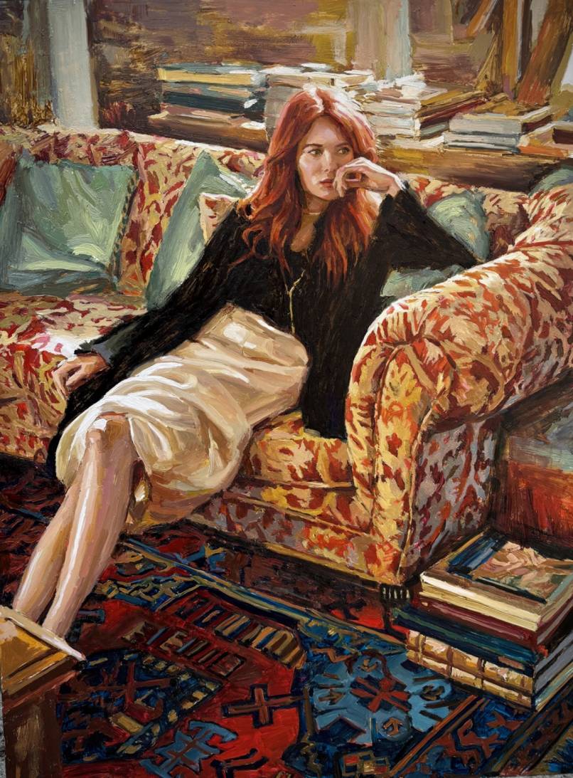 Woman on a Red Patterned Sofa